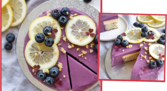 Vegansk uppskuren moussetårta dekorerad med blåbär och citron