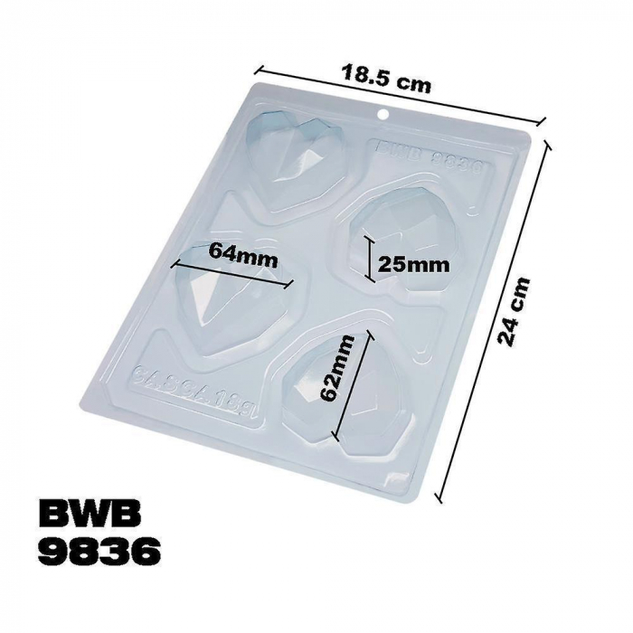 BWB 9836 - Special 3-Part Mold - Pralinform Diamant Hjärtan 4st, Chokladform