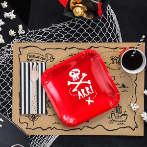 Papptallrikar Pirater Röda med Dödskalle 20cm x 20cm, 6-Pack