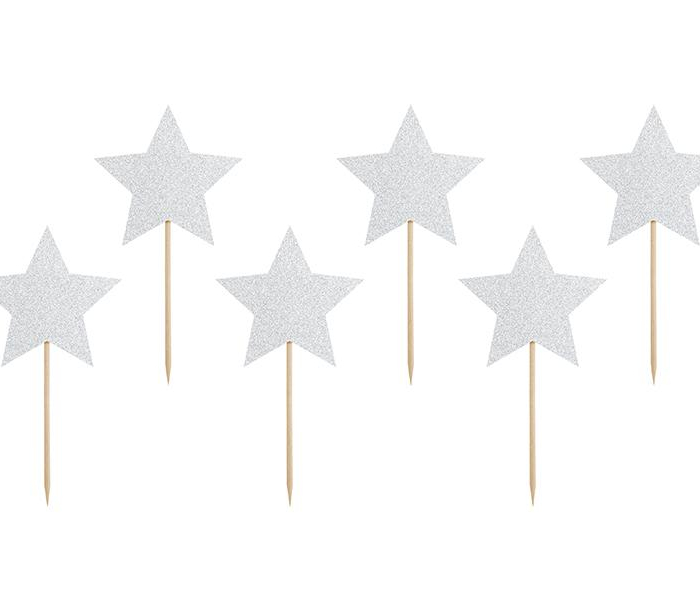 Cake picks - Stjärnor - Silverglitter 6-Pack