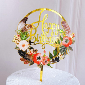 Happy Birthday- Cake Topper Guld med blommor