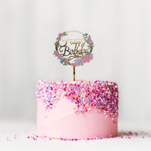 Happy Birthday - Cake Topper Guld med blommor