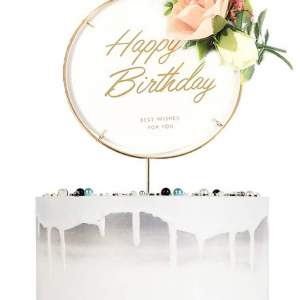 Happy Birthday- Cake Topper Guld/Vit med blommor