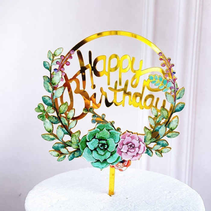 Happy Birthday - Cake Topper Guld med blommor