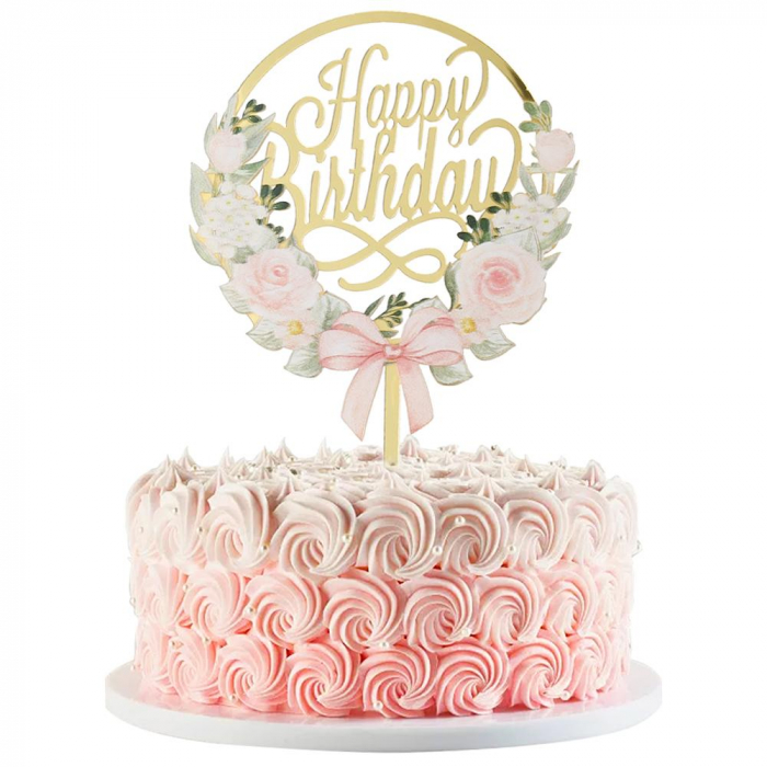 Happy Birthday - Cake Topper Guld med blommor