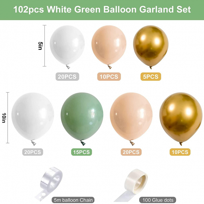Ballongbåge - Grön/Guld/Beige 102st