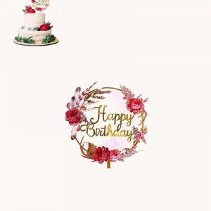 Happy Birthday - Cake Topper Guld med blommor