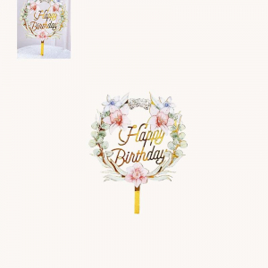 Happy Birthday - Cake Topper Guld med blommor