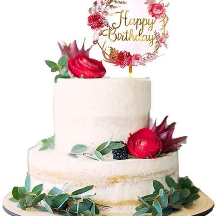 Happy Birthday - Cake Topper Guld med blommor