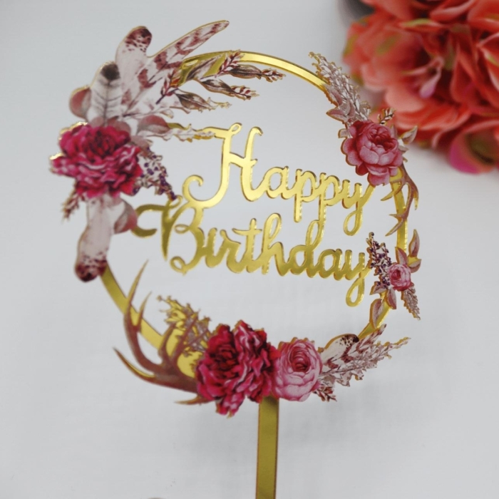 Happy Birthday - Cake Topper Guld med blommor
