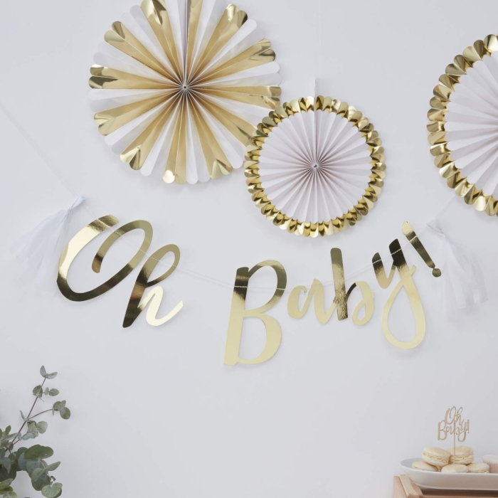 Oh Baby Banner Bunting Girlang i Guld Dop, Babyshower, Kalas