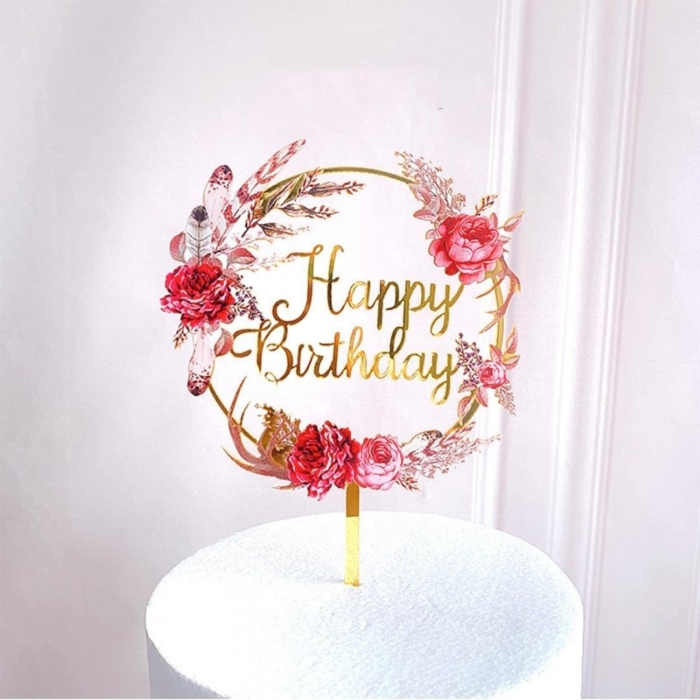 Happy Birthday - Cake Topper Guld med blommor
