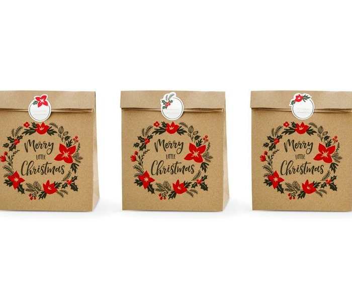 Presentpåsar God Jul, Gift bags Merry Little Christmas, kraft 3-Pack