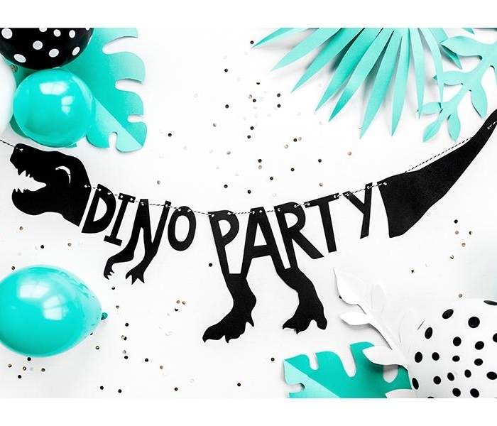 Dino Party Banner, Girlang Backdrop Svart Dinosauriekalas