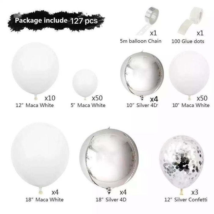 Ballongbåge - Vit/Silver 127st ballonger