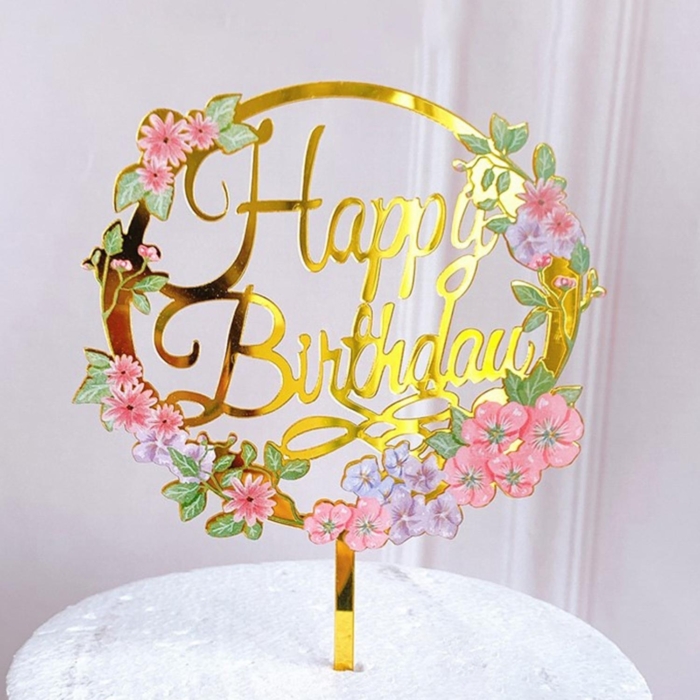 Happy Birthday - Cake Topper Guld med blommor