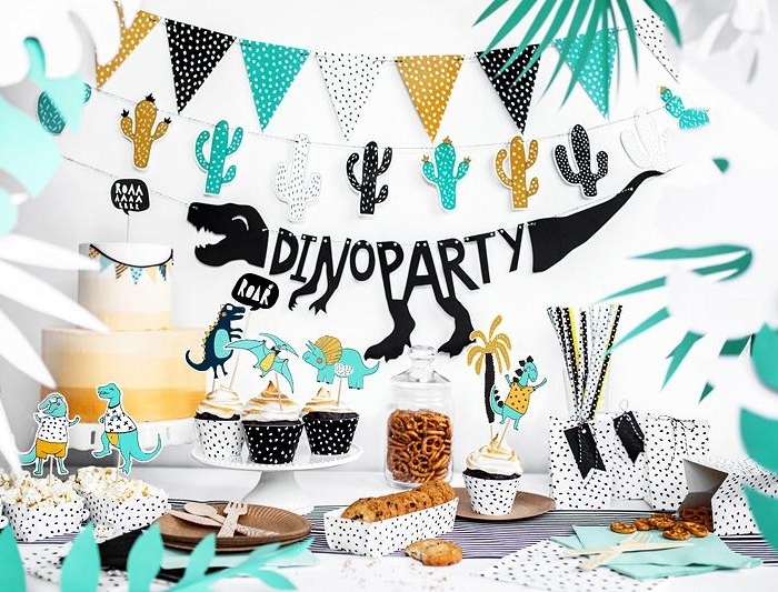 Dino Party Banner, Girlang Backdrop Svart Dinosauriekalas
